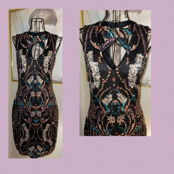 GUESS "CUTAWAY NECK" BLACK FLORAL PRINTED LACE COVERED DRESS~SLEEVELESS~SIZE 4 - Picture 5 of 7